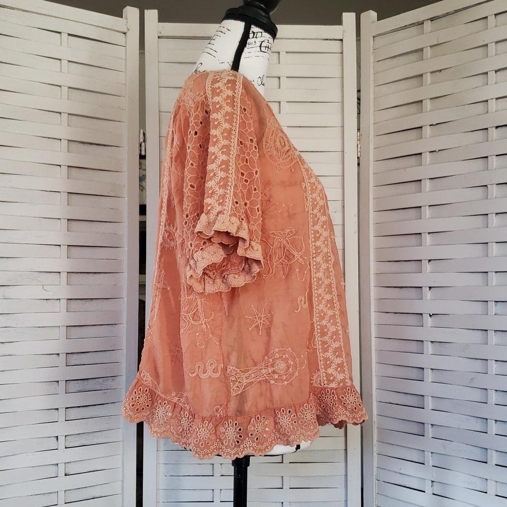 Johnny Was Lace Embroidered Short Sleeves Blouse in Peach - Picture 3 of 7
